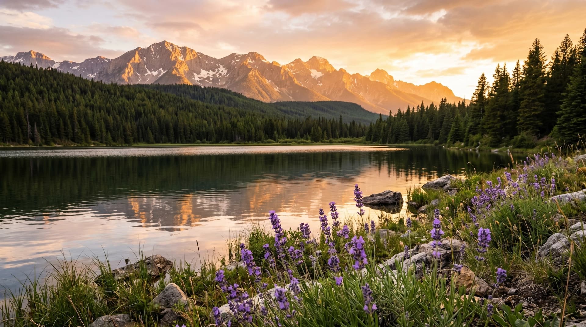 Lac de montagne au coucher du soleil, lavande, Hautes-Alpes